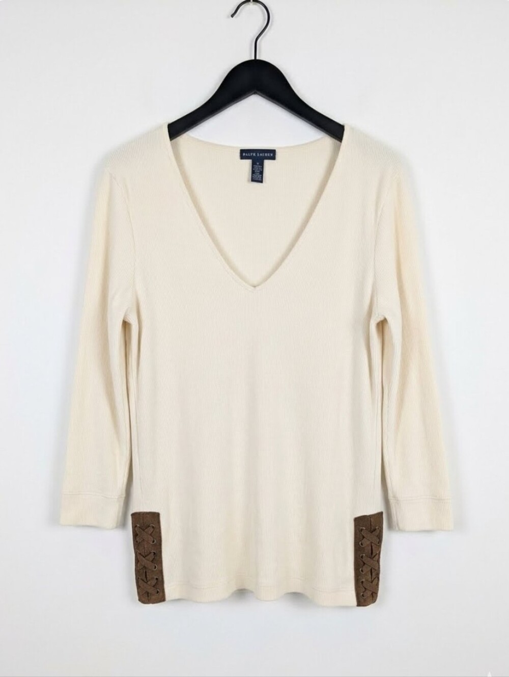 Ralph Lauren Cream V-Neck Long Sleeve Top with Suede Laced Detail On Sides XL